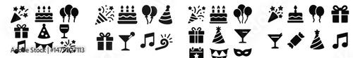 Collection of festive web icons for celebrations and events featuring gift boxes, balloons, and party symbols