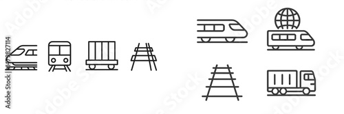 Set of web icons featuring various modes of transportation including trains, freight cars, and rail tracks for digital use