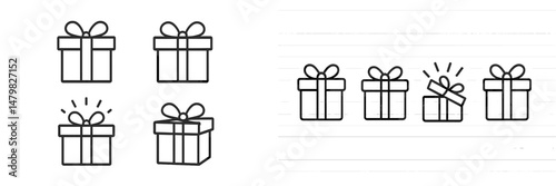 Set of web icons representing gift boxes in various states, including wrapped and opened, suitable for digital design projects