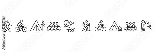 Icons representing outdoor activities and adventures for travel enthusiasts and nature lovers