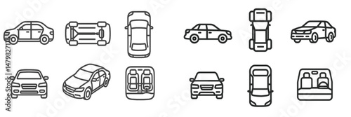 Collection of simplistic web icons depicting various car designs and views for digital use