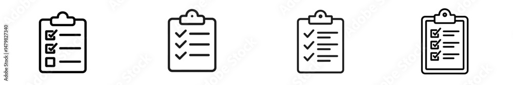 Set of four simple web icons illustrating checklists for various applications in a clean and modern design Set of four simple web icons illustrating checklists for various applications in a clean and modern design