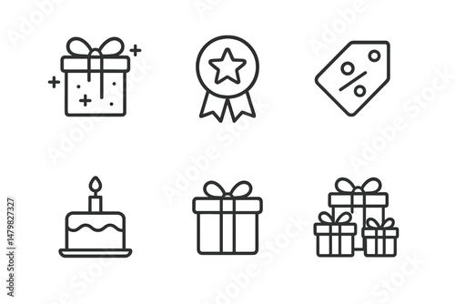 Collection of web icons featuring gift boxes, rewards, and festive elements in a minimalistic design style