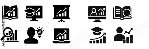 Set of web icons representing education, data analysis, and online learning in a modern digital context