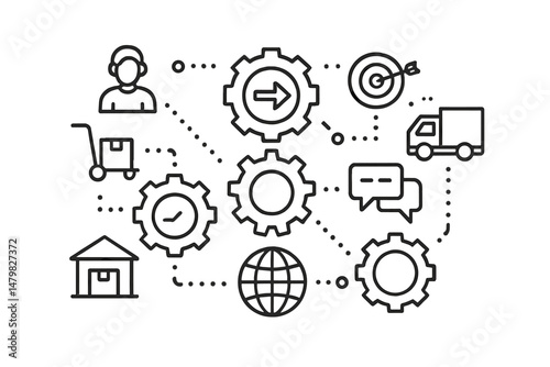 Web icons representing business processes, logistics, and communication in a modern digital environment