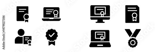 Set of web icons featuring certificates, awards, and digital accolades for online achievements and recognition