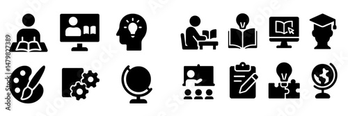Collection of black web icons for education, learning, and creativity featuring various activities and subjects