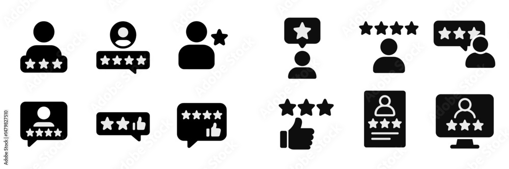 Set of black and white web icons representing user reviews and star ratings for online feedback Set of black and white web icons representing user reviews and star ratings for online feedback