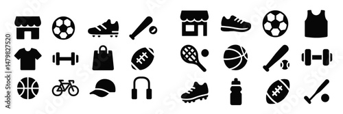 Collection of black and white web icons depicting various sports, fitness, and outdoor activities for digital design