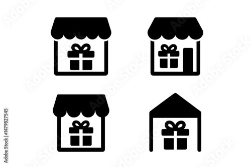 Collection of four web icons representing storefronts with gift boxes for e-commerce design use