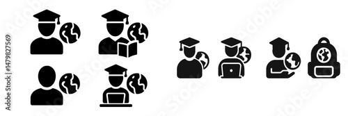 Set of web icons featuring educational and global themes with diverse representations of students and learning activities