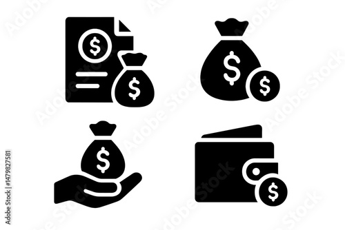 Collection of web icons representing finance, budgeting, and transactions in a modern digital format