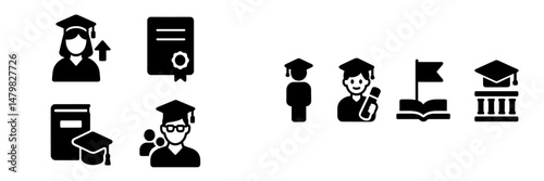 Set of web icons representing education, graduation, and academic achievements with various symbols and figures