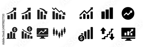 Collection of minimalist web icons depicting various financial trends and statistics in black and white design