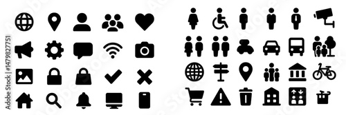 Web icons collection depicting various symbols for navigation, communication, and social interaction in a minimalist style
