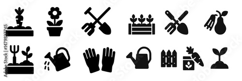 Collection of garden-related web icons featuring tools, plants, and accessories for horticultural activities