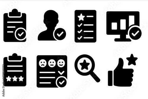 Collection of black web icons representing tasks, user profiles, feedback, and performance metrics for digital applications