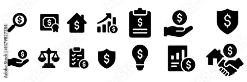 Collection of business-related web icons showcasing finance, security, and investment elements for digital use
