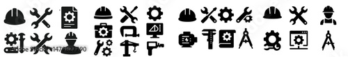 Collection of web icons representing tools, construction, and engineering in a minimalist design suitable for websites and applications