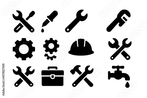 Collection of black web icons representing tools and equipment for various trades and crafts