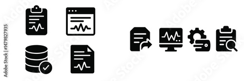 Collection of web icons representing data management, analysis tools, and digital workflow processes for modern applications