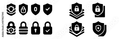 Collection of web icons featuring security shields and padlocks for digital safety