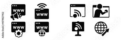 Collection of web icons showcasing online communication, connectivity, and informative tools in a modern design