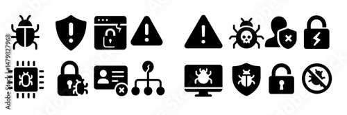 Collection of web icons representing security, alerts, and bugs suitable for digital design projects