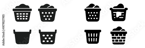 Collection of black and white laundry basket web icons designed for digital use in applications and websites