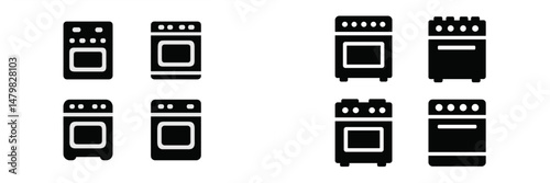 Set of four black web icons representing stoves and ovens for digital design and user interface applications