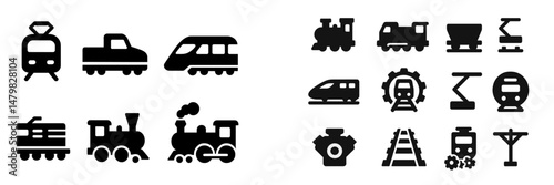 Collection of web icons depicting various types of trains and rail transport elements for digital design use