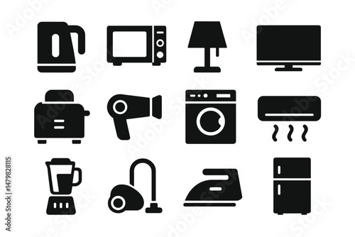 Collection of web icons representing modern household appliances and electronics in a minimalist design