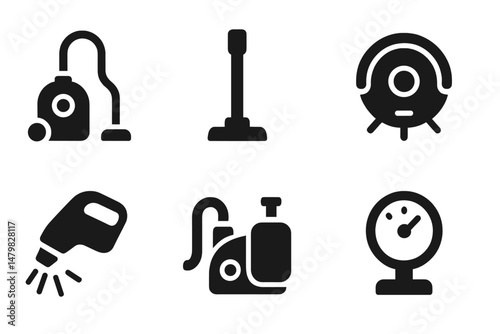 Collection of web icons representing various cleaning appliances and equipment in modern design, suitable for digital applications