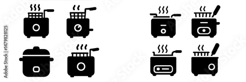 Collection of black web icons representing various kitchen appliances such as fryers, steamers, and cooking pots in minimalist design