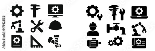 Collection of web icons depicting tools, machinery, and engineering symbols for digital or print usage