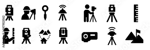 Collection of web icons illustrating surveying tools and equipment for professionals in civil engineering and construction industries