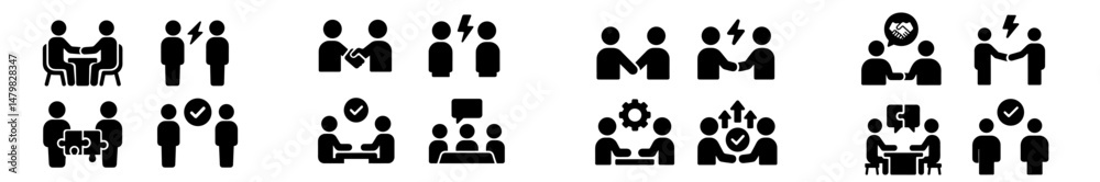 Collection of black web icons representing teamwork, collaboration, and communication concepts Collection of black web icons representing teamwork, collaboration, and communication concepts