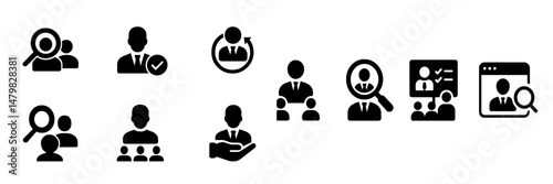 Collection of web icons depicting user activity, research, and collaboration in a professional digital environment