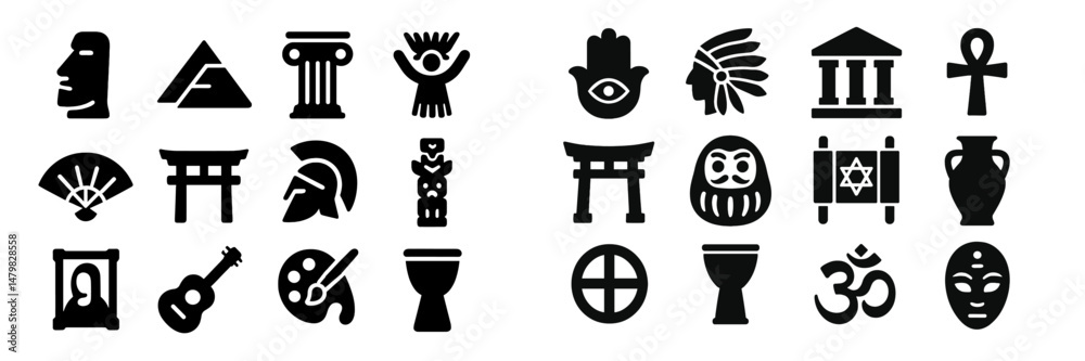 Fototapeta premium Set of unique web icons representing diverse cultural symbols and artistic elements for digital design use