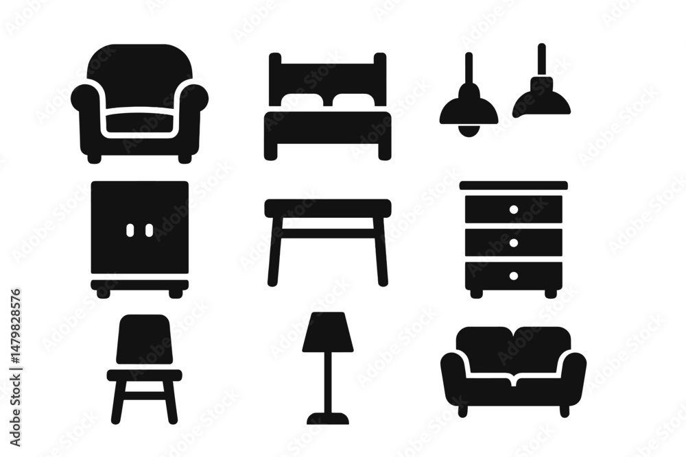 Collection of minimalist web icons representing various furniture items for interior design Collection of minimalist web icons representing various furniture items for interior design