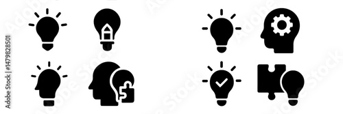Collection of web icons featuring light bulbs, heads, and gears illustrating ideas and creative thinking in digital design