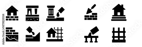Collection of construction and building web icons featuring home, masonry, and architecture symbols for design use