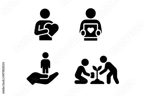 Set of web icons illustrating community support, care, and environmental sustainability actions