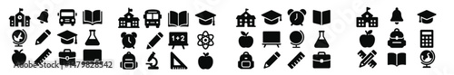 Collection of educational web icons representing various school-related themes and subjects for online resources