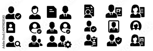 Collection of black and white web icons representing user profiles, documents, and business activities for digital applications