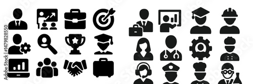 Collection of versatile web icons representing various professional activities and user interactions for digital design projects