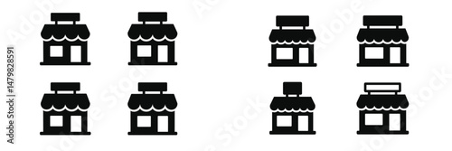 Collection of web icons representing various store designs for digital applications and websites