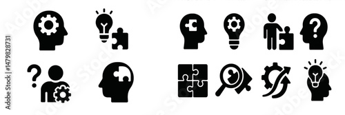 Creative set of web icons featuring symbols for innovation, problem-solving, and collaboration with gears and ideas