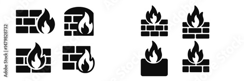Web icons representing fire and wall designs for digital applications and user interface elements