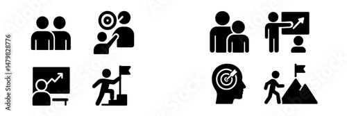 Collection of web icons representing teamwork, goal setting, presentations, and personal development